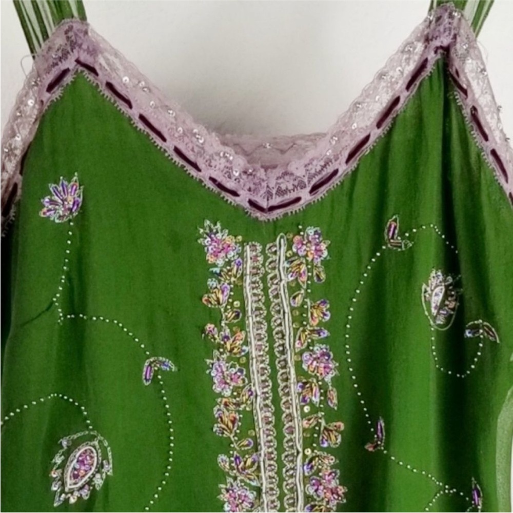 Vintage Hale Bob Green Mini Slip Dress with Pink Lace Trim - Picture 4 of 6